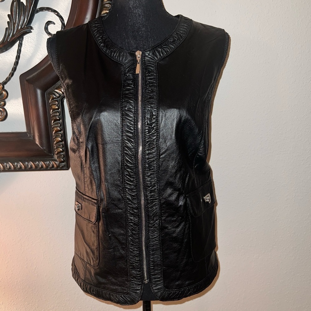 Peter Nygard Unisex Black Leather Full Zip Vest Size Large - Picture 2 of 12